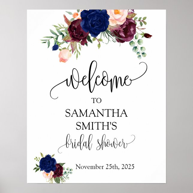 Póster Bienvenida ducha de novia marina marsala boda flor (Frente)