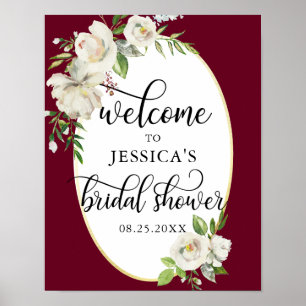Póster Bienvenida Ducha Nupcial Floral Burgundy LETRERO D