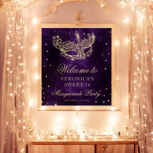 Póster Bienvenida Dulce purpurina de oro morado Masquerad (Welcome Masquerade purple gold glitter Sweet 16 Poster)