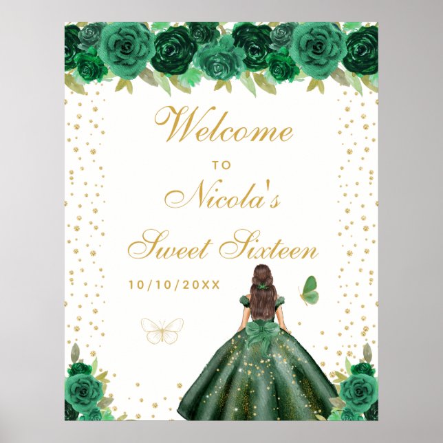 Póster Bienvenida Dulces Dieciséis Cabello Castaño Verde (Frente)