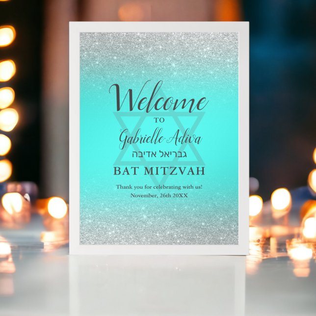 Póster Bienvenida el purpurina de plata de la moda, verde (Chic silver glitter teal Bat Mitzvah welcome Poster)