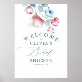 Póster Bienvenida elegante a la ducha nupcial floral azul