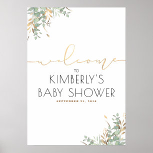 Póster Bienvenida elegante Baby Shower de Gold Leaves Gre