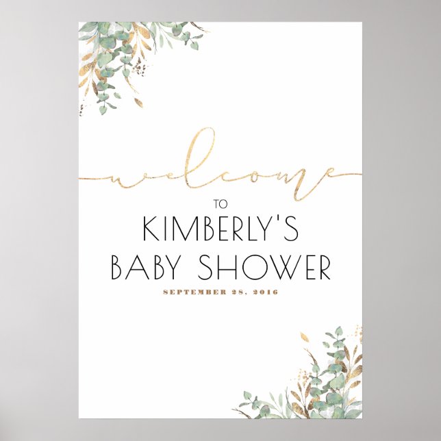Póster Bienvenida elegante Baby Shower de Gold Leaves Gre (Frente)