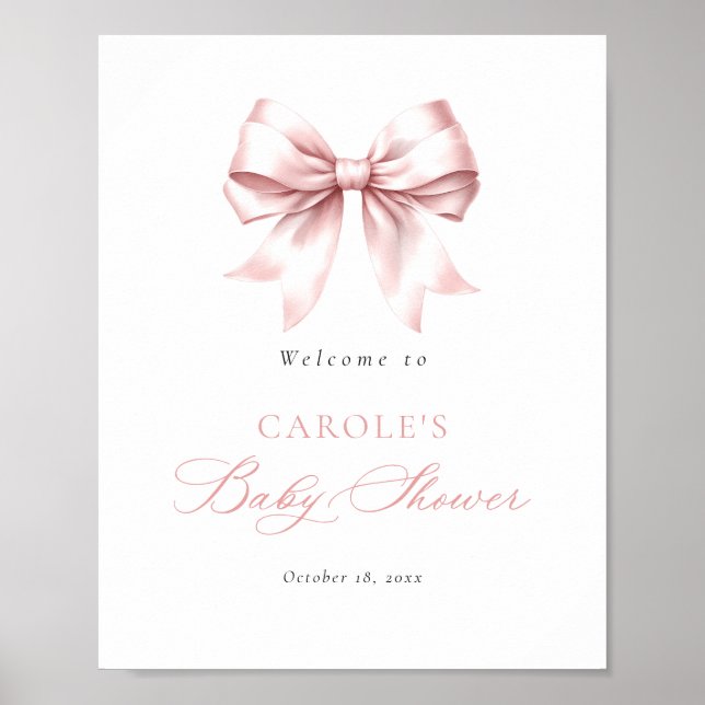 Póster Bienvenida elegante Baby Shower de Rubor Pink Bow (Frente)