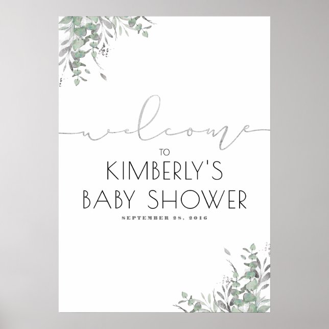 Póster Bienvenida elegante Baby Shower de Silver Leaves G (Frente)