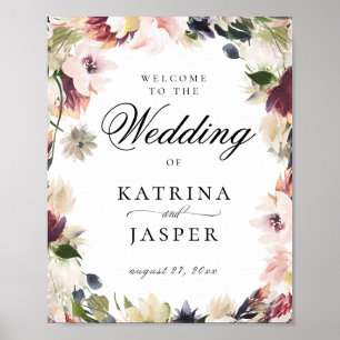 Póster Bienvenida elegante Boda de Rubor Plum Floral
