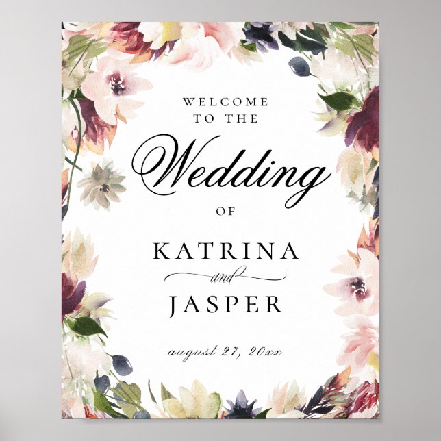 Póster Bienvenida elegante Boda de Rubor Plum Floral (Frente)