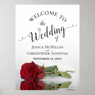 Póster Bienvenida elegante Boda Rosa Roja y Caligrafía