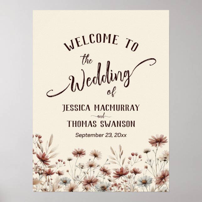 Póster Bienvenida elegante Boho Wildflowers de la Boda Ru (Frente)