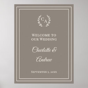 Póster Bienvenida elegante de boda monogramada marfil tau