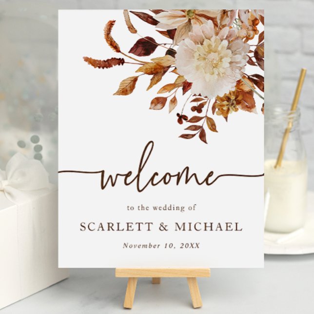 Póster Bienvenida elegante de la boda de otoño (Autumn Floral Table Top Welcome Sign by Painted Paperie)
