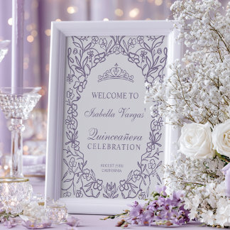 Póster Bienvenida Elegante Princesa Tiara Floral Quinceañ