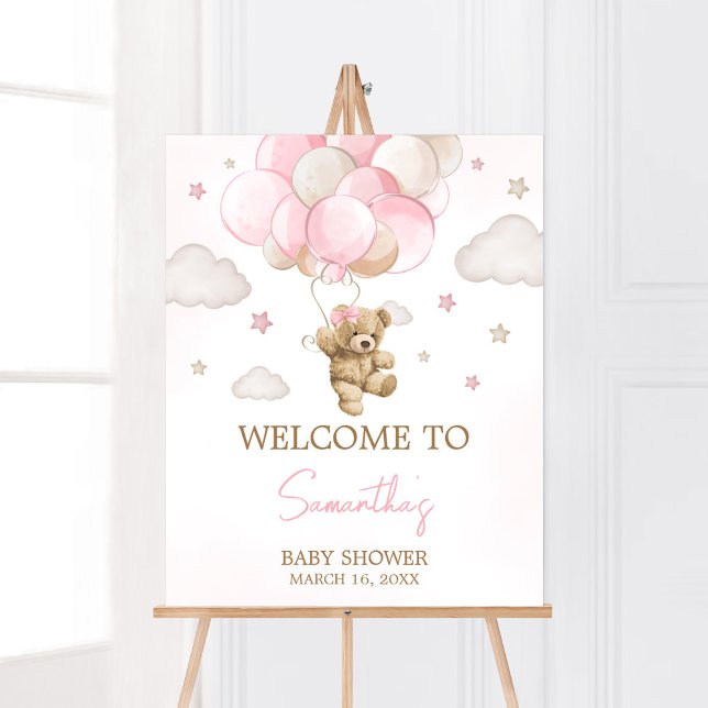 Póster Bienvenida en Baby Shower a Boho Pink Bear Balloon (We Can Bearly Wait Pink Balloon Baby Shower Welcome Sign)