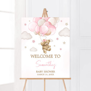 Póster Bienvenida en Baby Shower a Boho Pink Bear Balloon