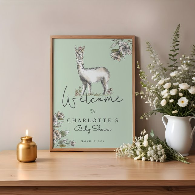 Póster Bienvenida en Baby Shower a Cute Floral Llama Alpa (Cute Floral Llama Alpaca Baby Shower Welcome Poster)