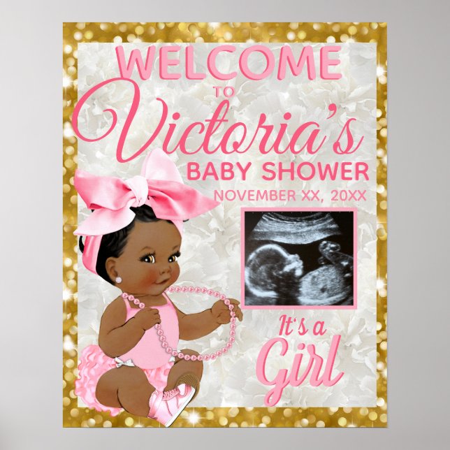 Póster Bienvenida en Baby Shower a la bebé étnica niña ro (Frente)