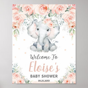 Póster Bienvenida en Baby Shower a los Elefantes Florales