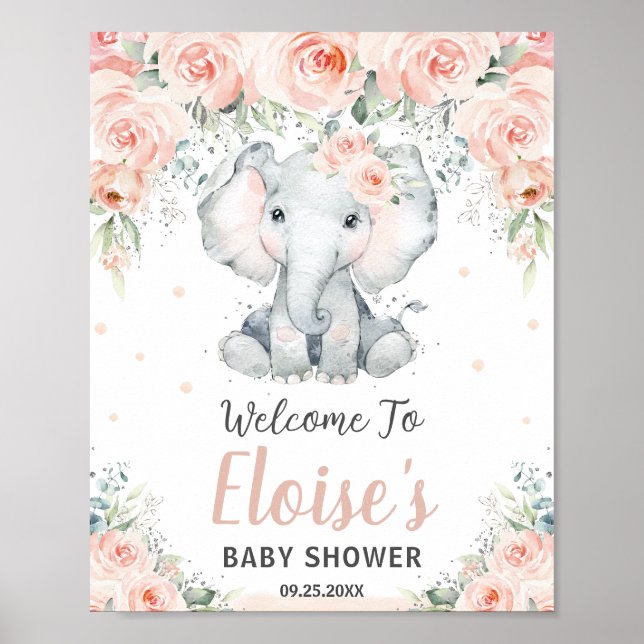 Póster Bienvenida en Baby Shower a los Elefantes Florales (Frente)