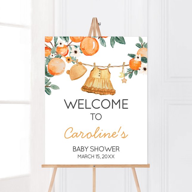 Póster Bienvenida en Baby Shower de Baby Clothesline Nara (Baby Clothesline Orange Baby Shower Welcome Sign)
