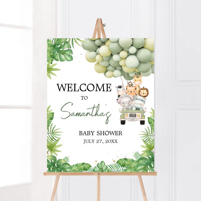 Póster Bienvenida en Baby Shower de Oh Boy Jungle Safari (Safari Truck Balloons Baby Shower Welcome Sign)