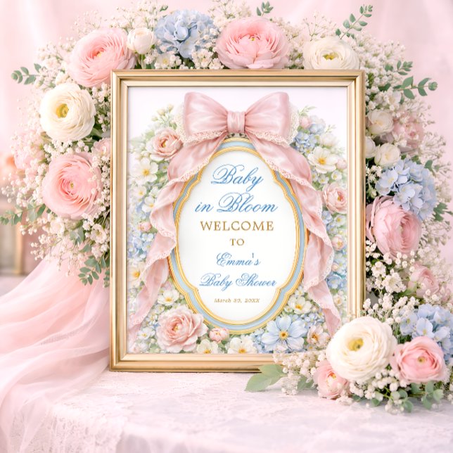Póster Bienvenida en la ducha de bebé con lazo rosa flora (Subido por el creador)