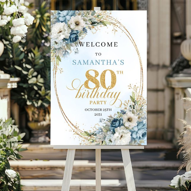 Póster Bienvenida feliz boho polvorienta azul dorado cump (Happy Boho dusty blue gold 80th birthday welcome)