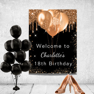 Póster Bienvenida fiesta a globos purpurinas de oro negro