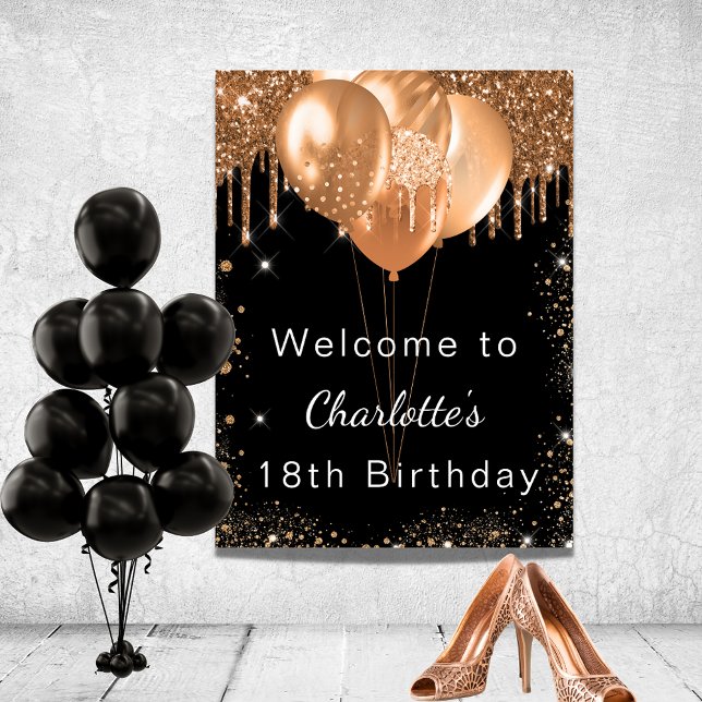 Póster Bienvenida fiesta a globos purpurinas de oro negro (Subido por el creador)