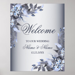 Póster Bienvenida Fiesta de Boda Azul Marino Floral Moder