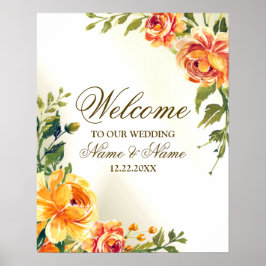 Póster Bienvenida Fiesta de Boda Floral Naranja Amarillo 