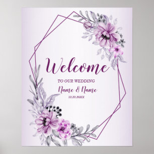Póster Bienvenida Fiesta de Boda Floral Rosa Violeta Púrp