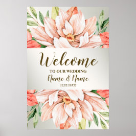 Póster Bienvenida Fiesta de Boda Flores Hojas Naranja Mel