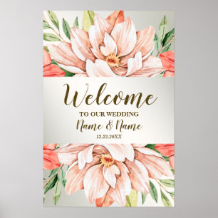 Póster Bienvenida Fiesta de Boda Flores Hojas Naranja Mel
