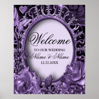 Póster Bienvenida Fiesta de Boda Marco Floral Púrpura Ele
