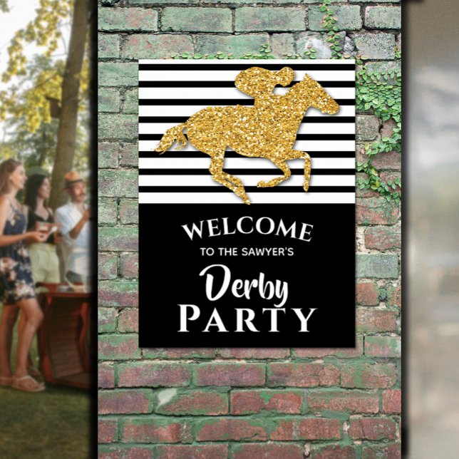 Póster Bienvenida Fiesta de Gold Racehorse Derby (Gold Horse Black White Stripes Derby Welcome Poster - INSTANT DOWNLOAD and/or PRINTED)