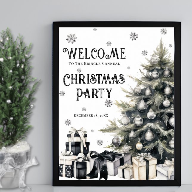 Póster Bienvenida Fiesta de Navidades elegantes y blancos (Black White Elegant Christmas Party Welcome Poster)