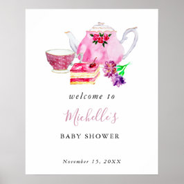 Póster Bienvenida Fiesta de té para Baby Shower Acuarela 