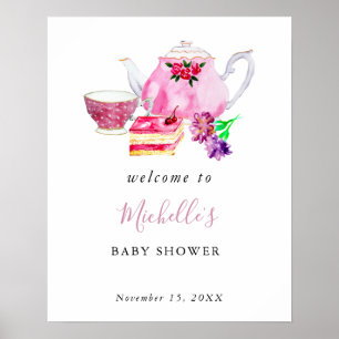 Póster Bienvenida Fiesta del Té para Baby Shower Acuarela
