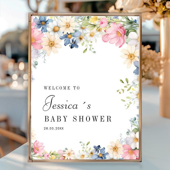 Póster ¡Bienvenida! Flor silvestre, Baby Shower (Personalized "Welcome!" Wildflower, Baby Shower Poster with your name and date.)