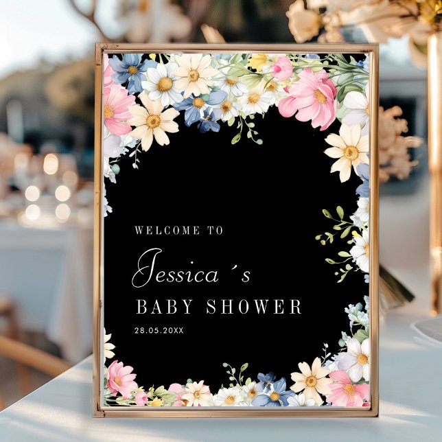 Póster ¡Bienvenida! Flor silvestre, Baby Shower (Personalized "Welcome!" Wildflower, Baby Shower Poster with your name and date.)