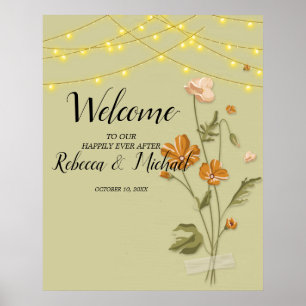 Póster Bienvenida floral a la moda con luces de cuerda ru