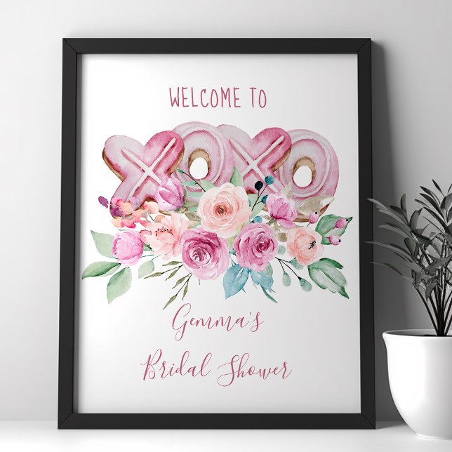 Póster Bienvenida floral a las cookies rosas XOXO (Bridal Shower Poster with XOXO Cookies and pretty pink and peach roses perfect for Valentines theme)