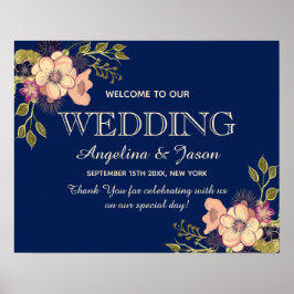 Póster Bienvenida Floral Azul Marino Boda