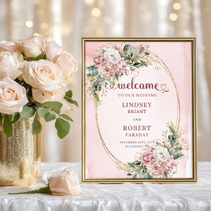 Póster Bienvenida Floral Boho Rosa Eucalipto Dorado