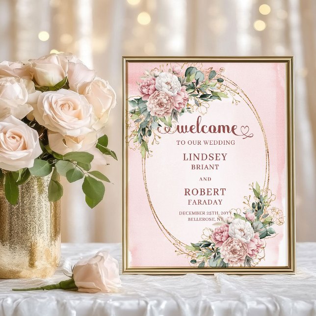 Póster Bienvenida Floral Boho Rosa Eucalipto Dorado (Bohemian Blush Floral Eucalyptus Gold Welcome)