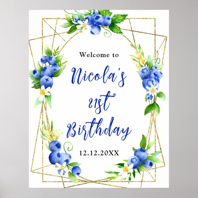 Póster Bienvenida Floral Cumpleaños Arándano (Frente)