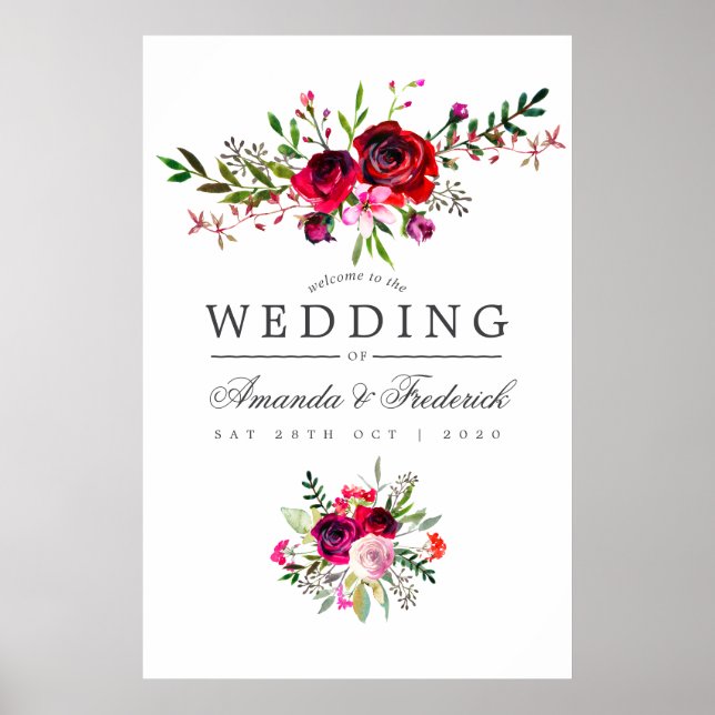 Póster Bienvenida Floral de acuarela de la boda otoño (Frente)