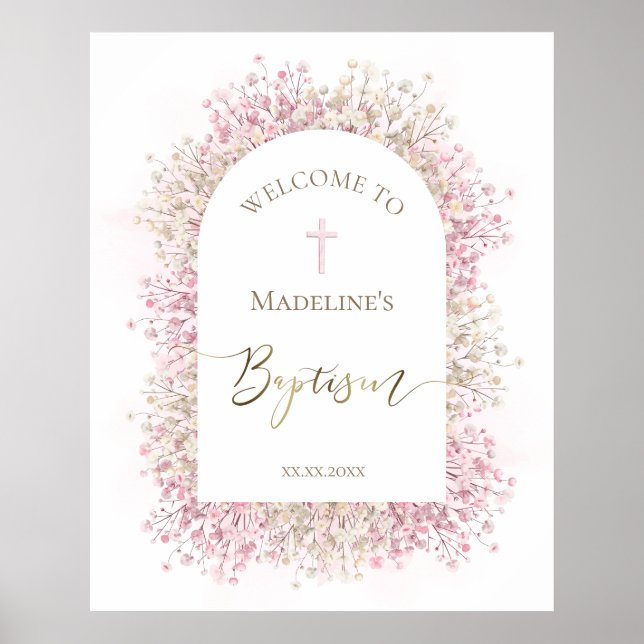Póster bienvenida floral de bautizo (Frente)