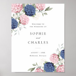 Póster Bienvenida Floral de Boda Hortensia Azul Marino Ro